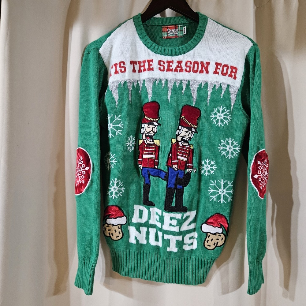 Spencers Mens Deez Nuts Ugly Christmas‎ Sweater Green Nutcracker Medium